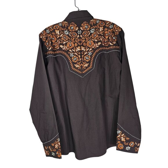 Salvaje Oeste Western Cowboy Pearl Snap Shirt M Brown Orange Embroidered Rodeo - Picture 2 of 8